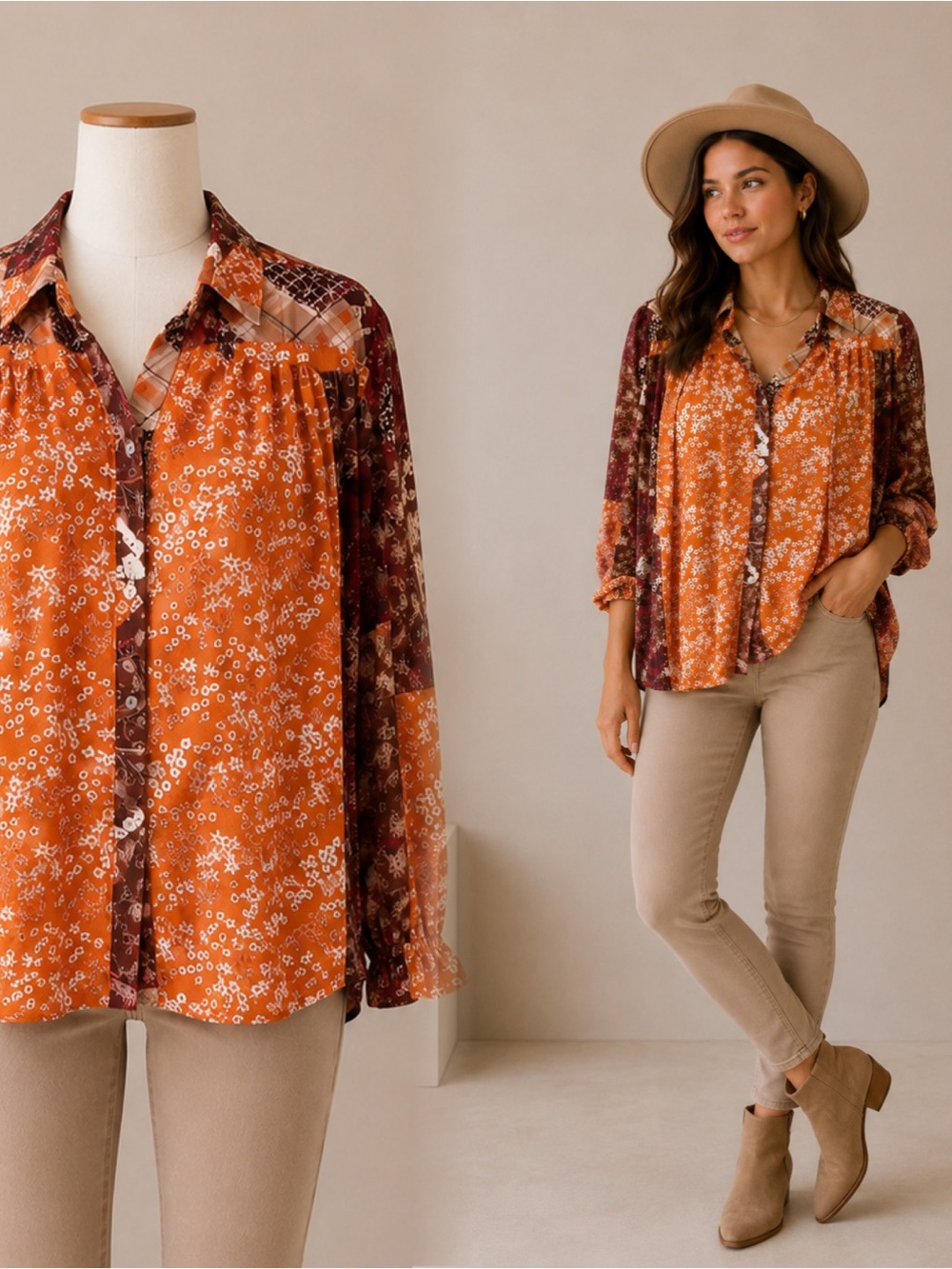 Cato Orange Floral Patchwork Button-Down Shirt